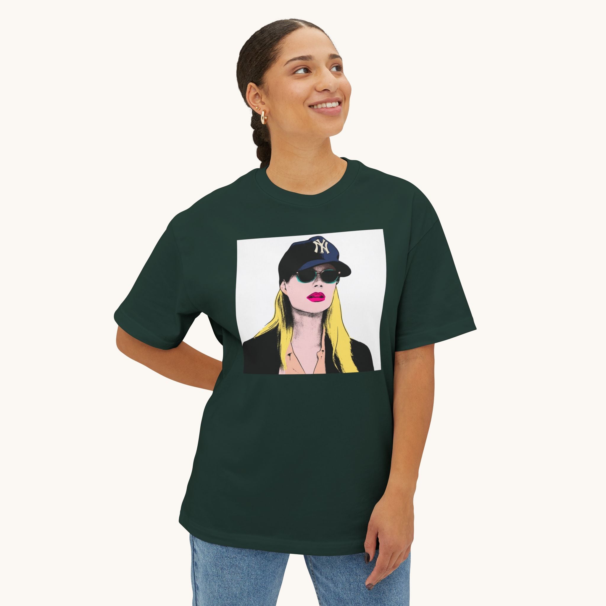 Pop Art Babe Graphic Tee — Vintage Baseball Cap Portrait Shirt