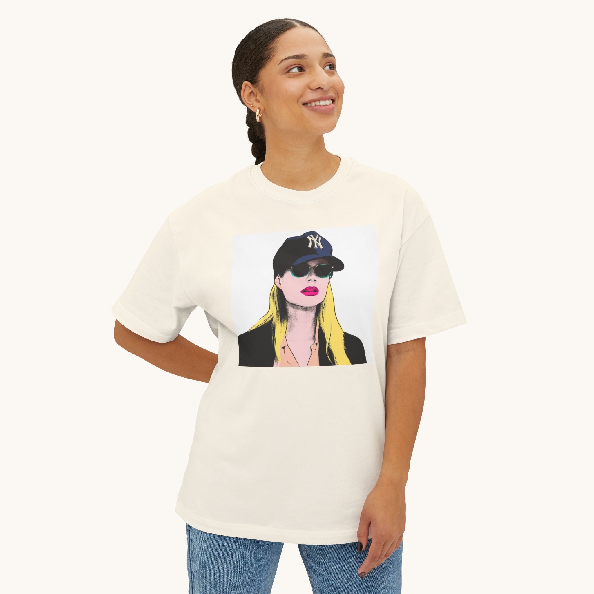 Pop Art Babe Graphic Tee — Vintage Baseball Cap Portrait Shirt
